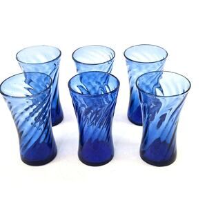 6 Hand Blown 5.75" Swirl / Twisted Blue Cobalt Drinking Glasses